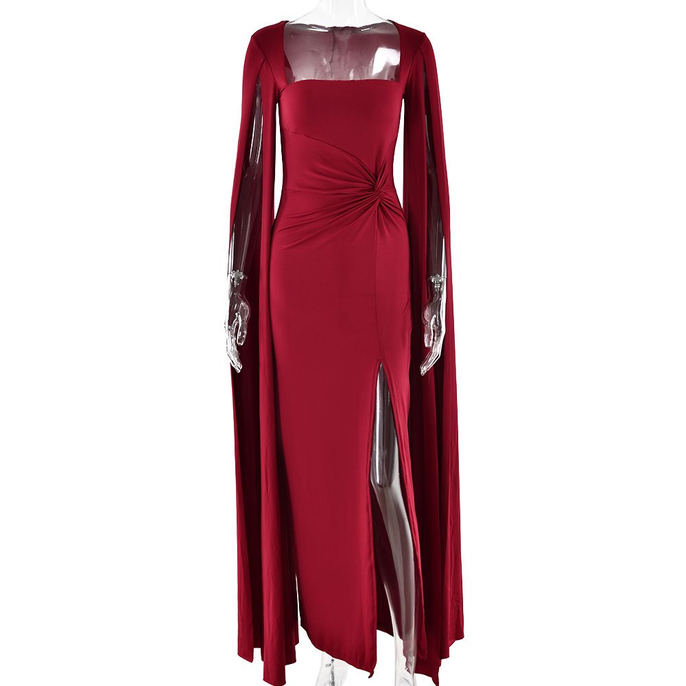 Women’s Clothing New Dress Square Collar Mopping Long Sleeves High Slit Solid Color Sexy Dress_ecoleips.com