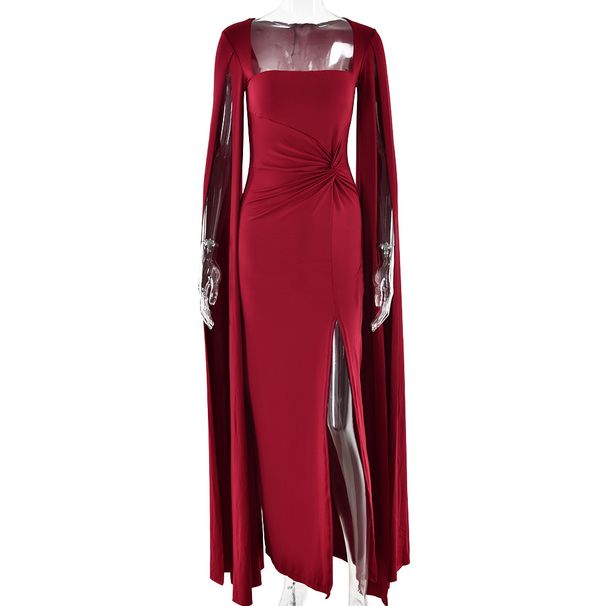 Women’s Clothing New Dress Square Collar Mopping Long Sleeves High Slit Solid Color Sexy Dress_ecoleips.com