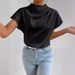 Women's Top 2025 New Round Neck Short Sleeve Left Shoulder Pleated T Shirt Satin_ecoleips.com