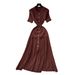 Women's French Retro Polo Collar Dress High End Waist Cinching Long Knit Metal Buckle Slim Fitting Short Sleeved_ecoleips.com