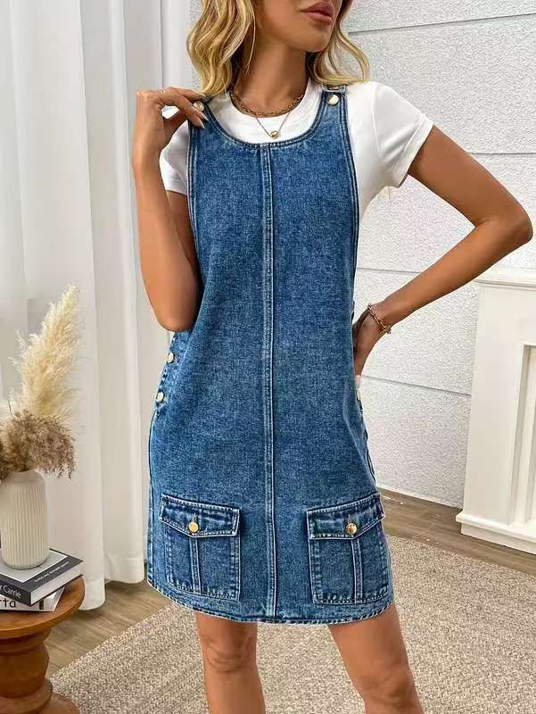 Retro Denim Pinafore Dress – High Waist Adjustable Straps & Side Zipper Detail (S-Xxl) | Vintage Blue Wash | Casual Jumper Dress_ecoleips.com
