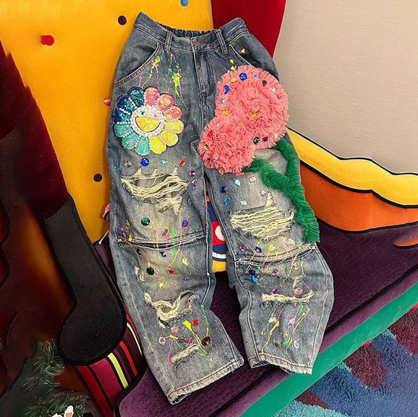 Women's Clothing Spring New Heavy Industry Beaded Ripped Jeans Women's High Waist Loose Straight Pants Cross-border Trendy Brand_ecoleips.com