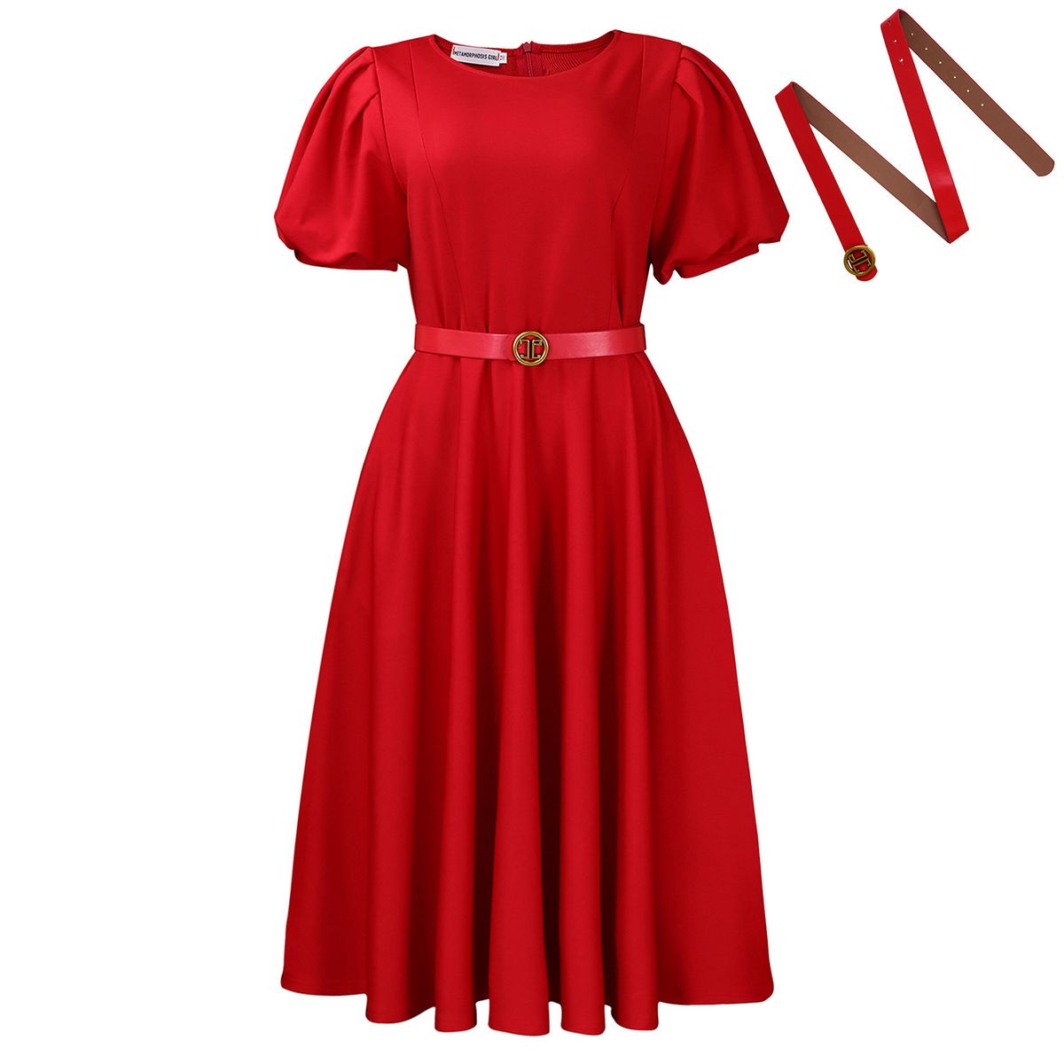 Women's Elegant Fitted Waist Round Neck Puff Sleeve Full Skirt Dress_ecoleips.com