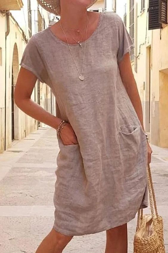 Women's Round Neck Cotton Linen Dress Solid Color Pocket Short Sleeved Loose Fit_ecoleips.com