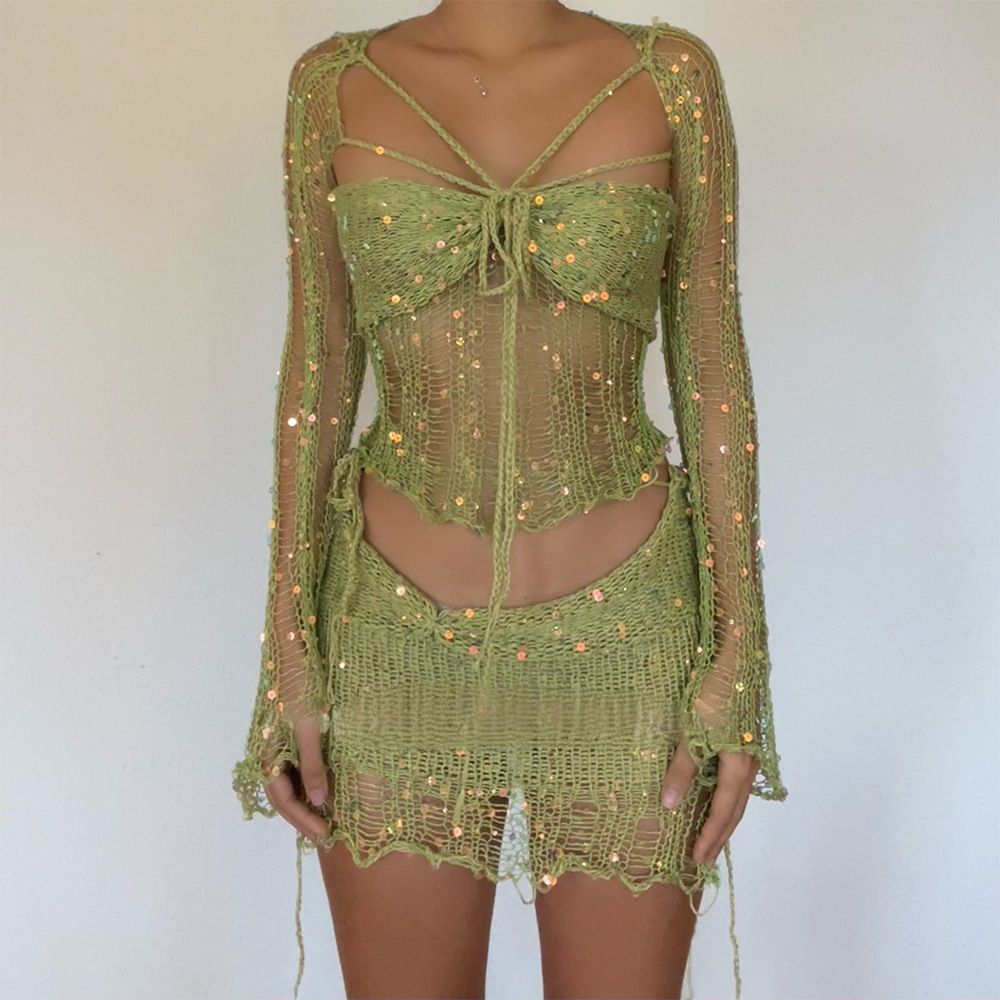 Women's Clothing Beaded Knitted Sweater Set 3-Piece Fashion Spring Autumn Summer New_ecoleips.com