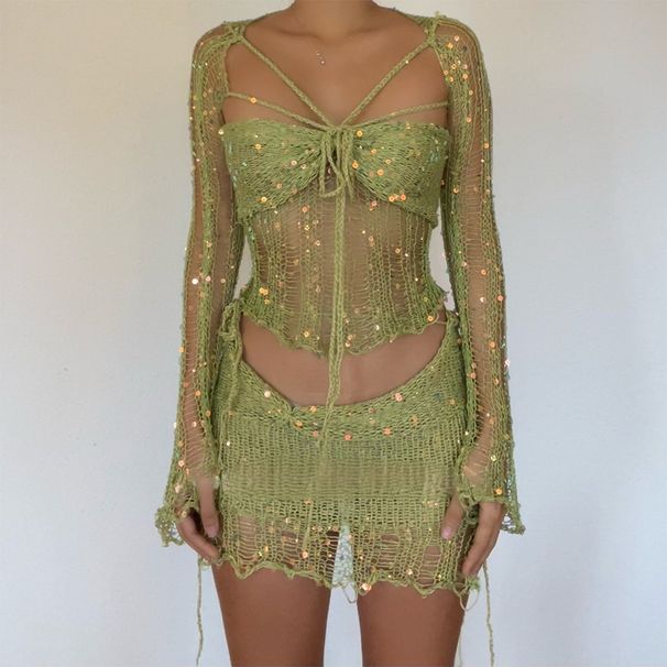 Women's Clothing Beaded Knitted Sweater Set 3-Piece Fashion Spring Autumn Summer New_ecoleips.com