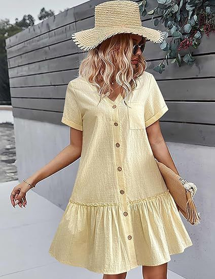 Summer Women's Single Breasted Dress Loose Pocket Ruffled Hem Casual Short Sleeve_ecoleips.com
