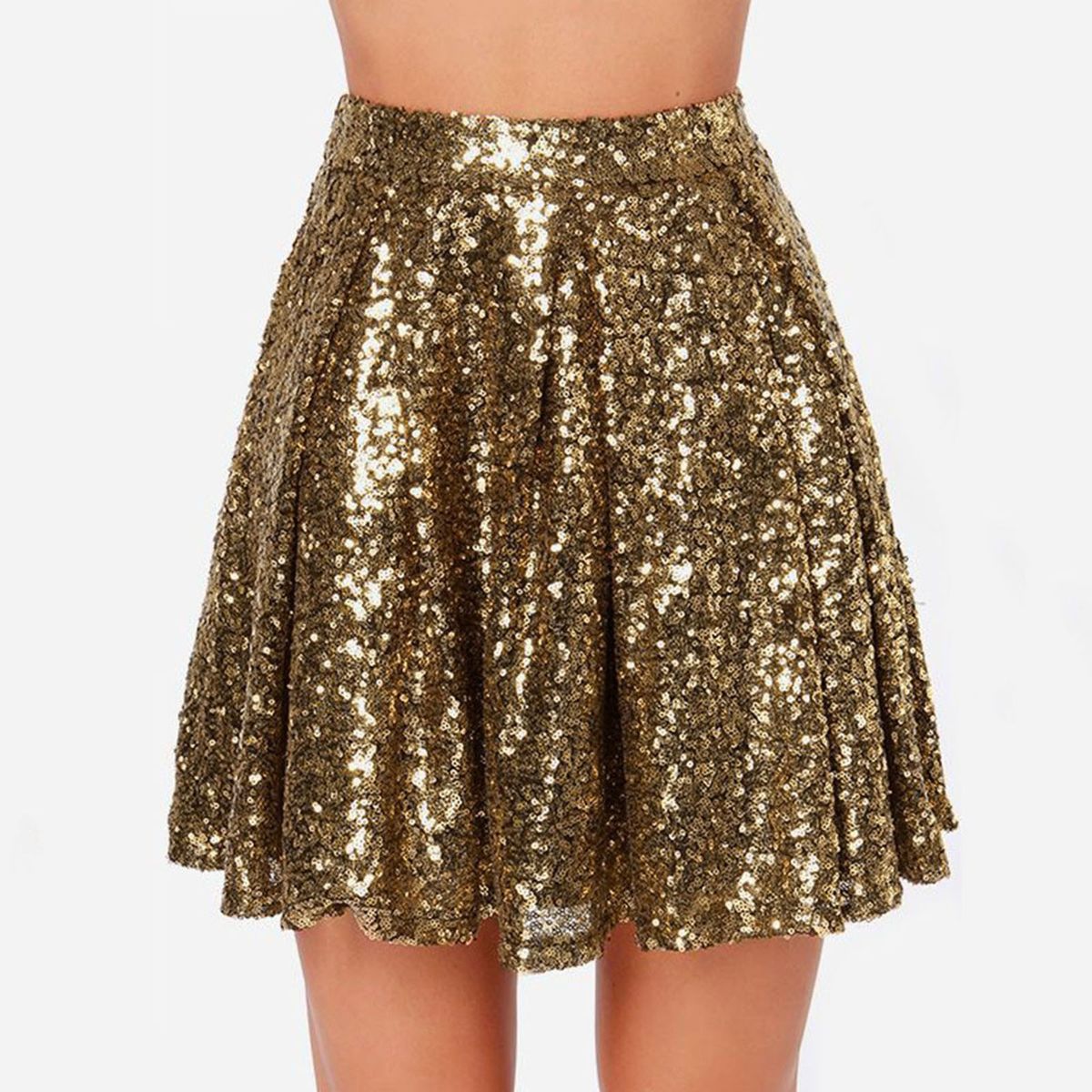 Women's Fashion Sexy Gold Sequin Pleated Midi Skirt Dress_ecoleips.com