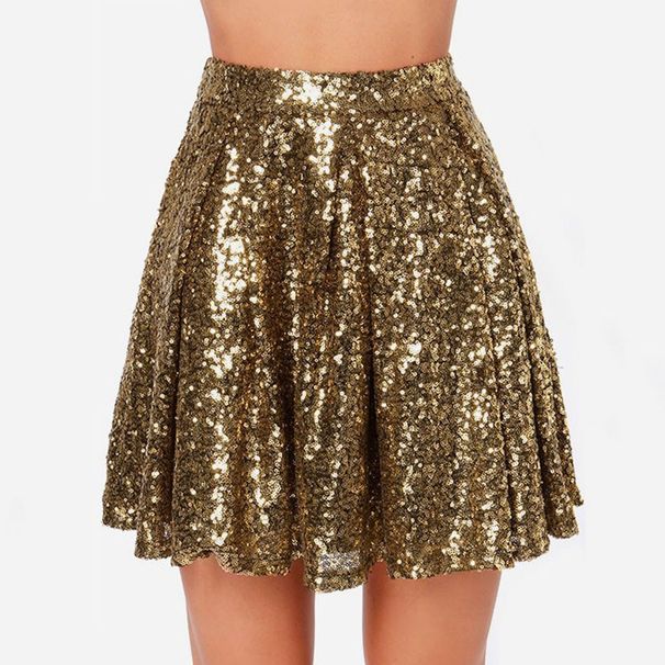 Women's Fashion Sexy Gold Sequin Pleated Midi Skirt Dress_ecoleips.com