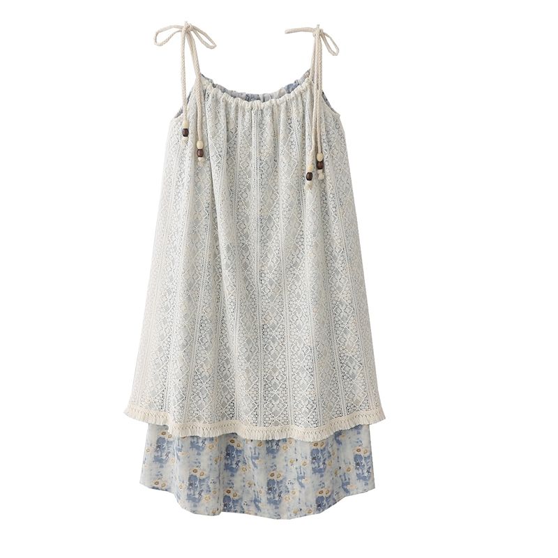 Summer New Lace Splicing Knot Mid-Length Dress Women's Sweet Style Loose Waist A-Line Skirt Design Polyester Material_ecoleips.com