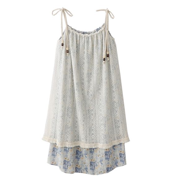 Summer New Lace Splicing Knot Mid-Length Dress Women's Sweet Style Loose Waist A-Line Skirt Design Polyester Material_ecoleips.com