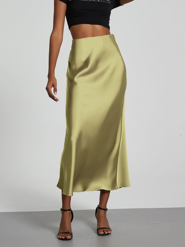 Verve Women's Elegant And Graceful Silky Satin Midi Slimming Flowing Mid-Length Skirt For Summer_ecoleips.com