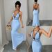 Haltered Neck Suspender Texture Color Block Trim Deep V Backless Tie up Bodycon Fishtail Long Dress for Women European And American Style_ecoleips.com