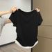 Black Slimming Summer Pleated Slim Crew Neck T-Shirt, Color-Block Faux Two-Piece Modal Short-Sleeve Top For Women_ecoleips.com