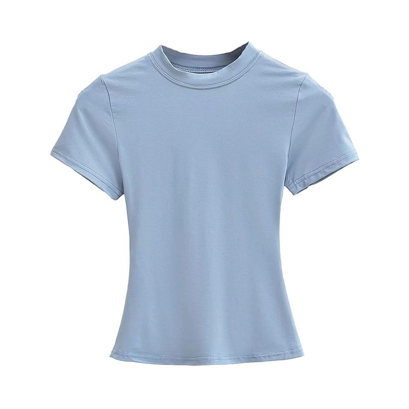 Women's round Neck Short Sleeve Stretch Slim Fit T-Shirt Basic European American Style Cross Border Fashion Tight Top_ecoleips.com