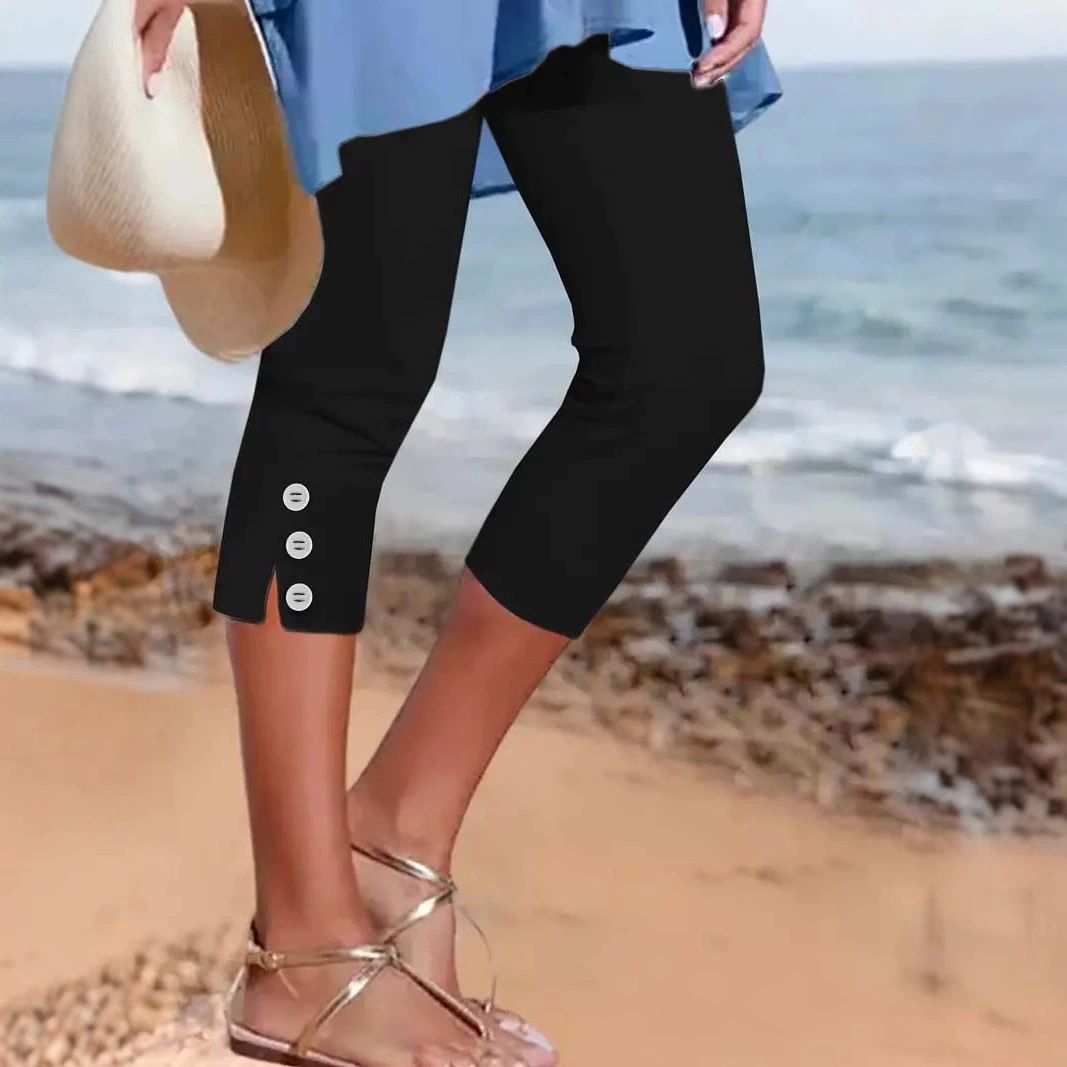 Women's Slim Fit Capri Pants Mid-Waist Elastic Solid Color Summer Fashion Casual Button-Up Pants England Style_ecoleips.com