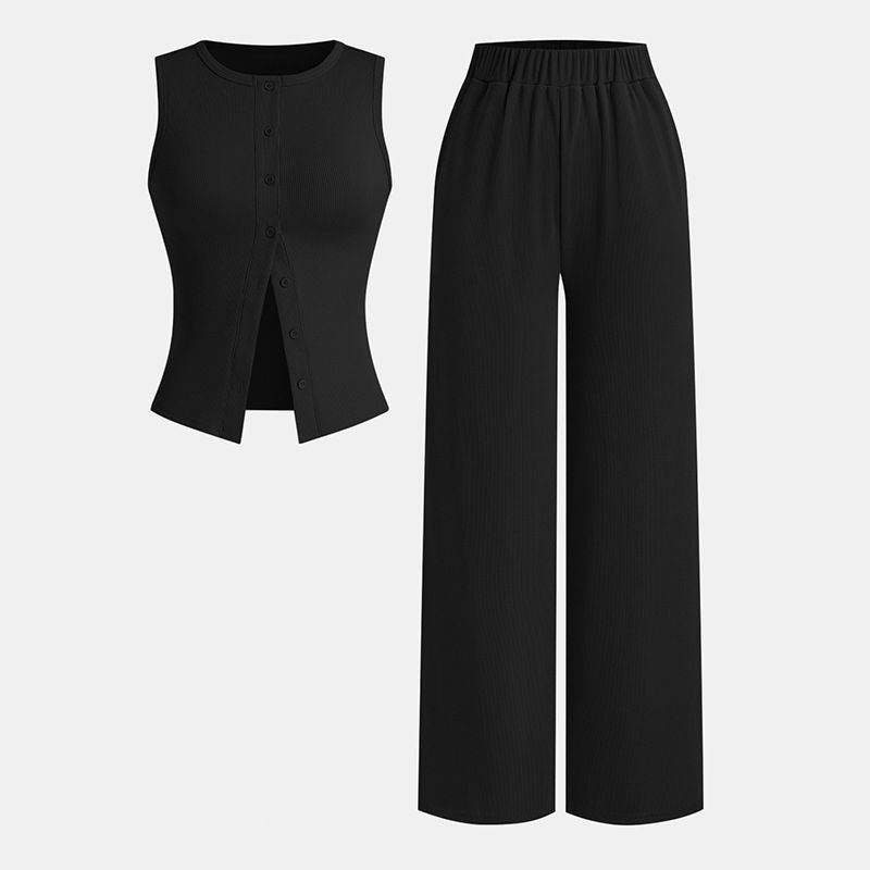 Elegant Women's Summer Blazer & Wide-Leg Pants Suit - Breathable Polyester Business Office Wear Set (Black/Light Gray/Light Khaki)_ecoleips.com