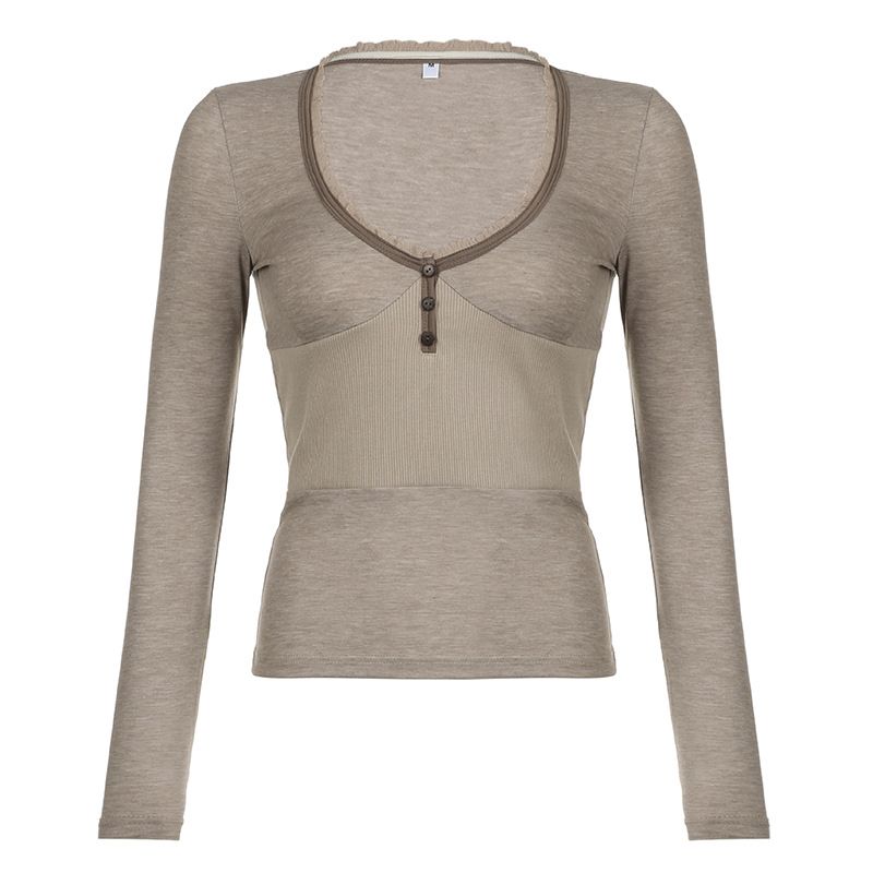 American Contrasting V-Neck Low Cut Sexy T-Shirt For Women's New Waist Tied Chest Knitted Long Sleeved Base Shirt_ecoleips.com