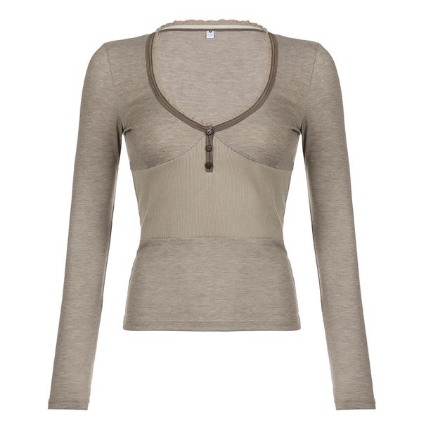 American Contrasting V-Neck Low Cut Sexy T-Shirt For Women's New Waist Tied Chest Knitted Long Sleeved Base Shirt_ecoleips.com