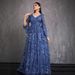 New European American Style Sequined Long-sleeve Blue Evening Dress, Elegant And High-end, Simple V-neck Party Dress_ecoleips.com