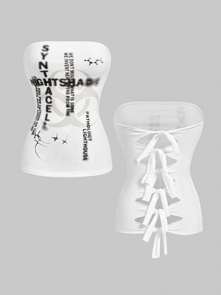 Women's Slim Fit Vest Top Backless Letter Print European American Style Fashion Design Hollowed out Tie Wholesale_ecoleips.com