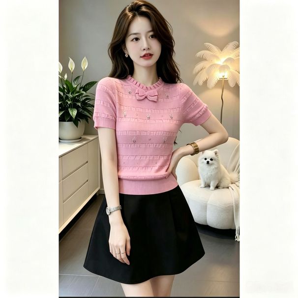 Beaded Bowknot Patchwork Top 2026 Summer French Sweet Age-Reducing Chic Knit Short Sleeve T-Shirt For Women_ecoleips.com
