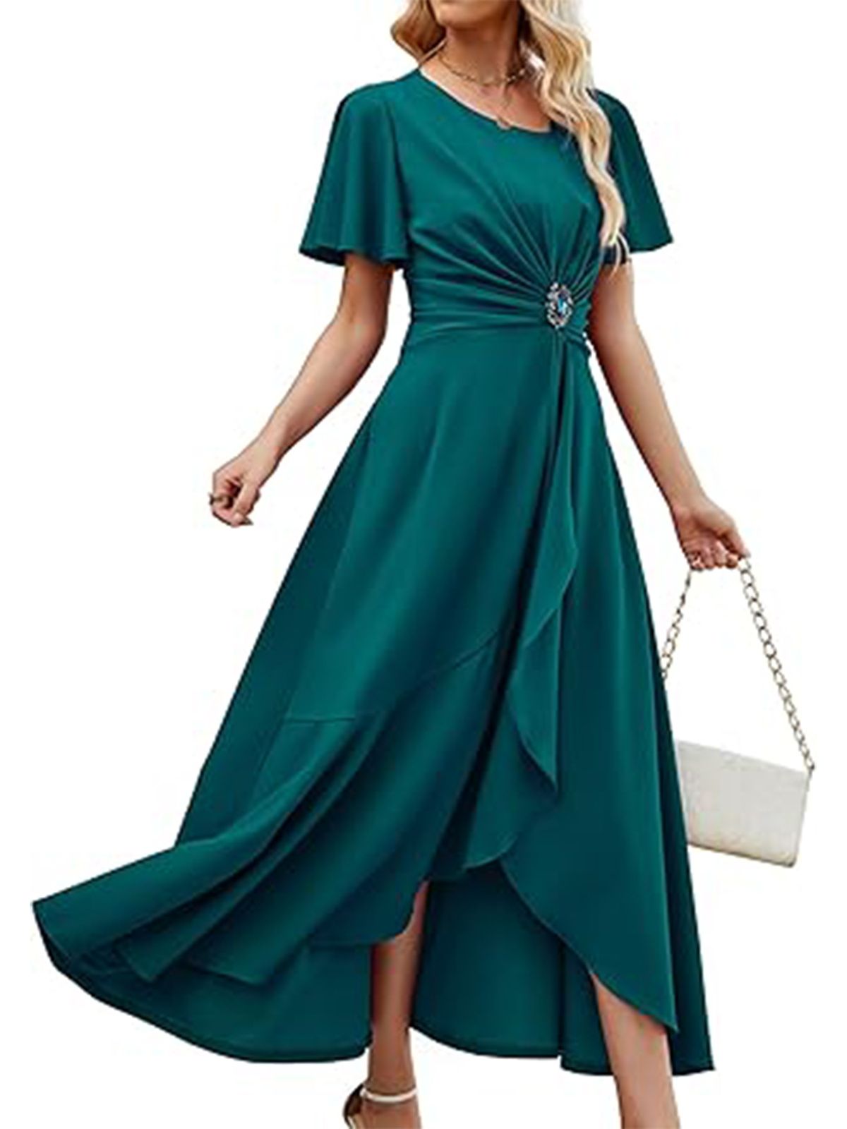 Autumn Elegant Women's Dress Fashion Round Neck Waist Decoration_ecoleips.com