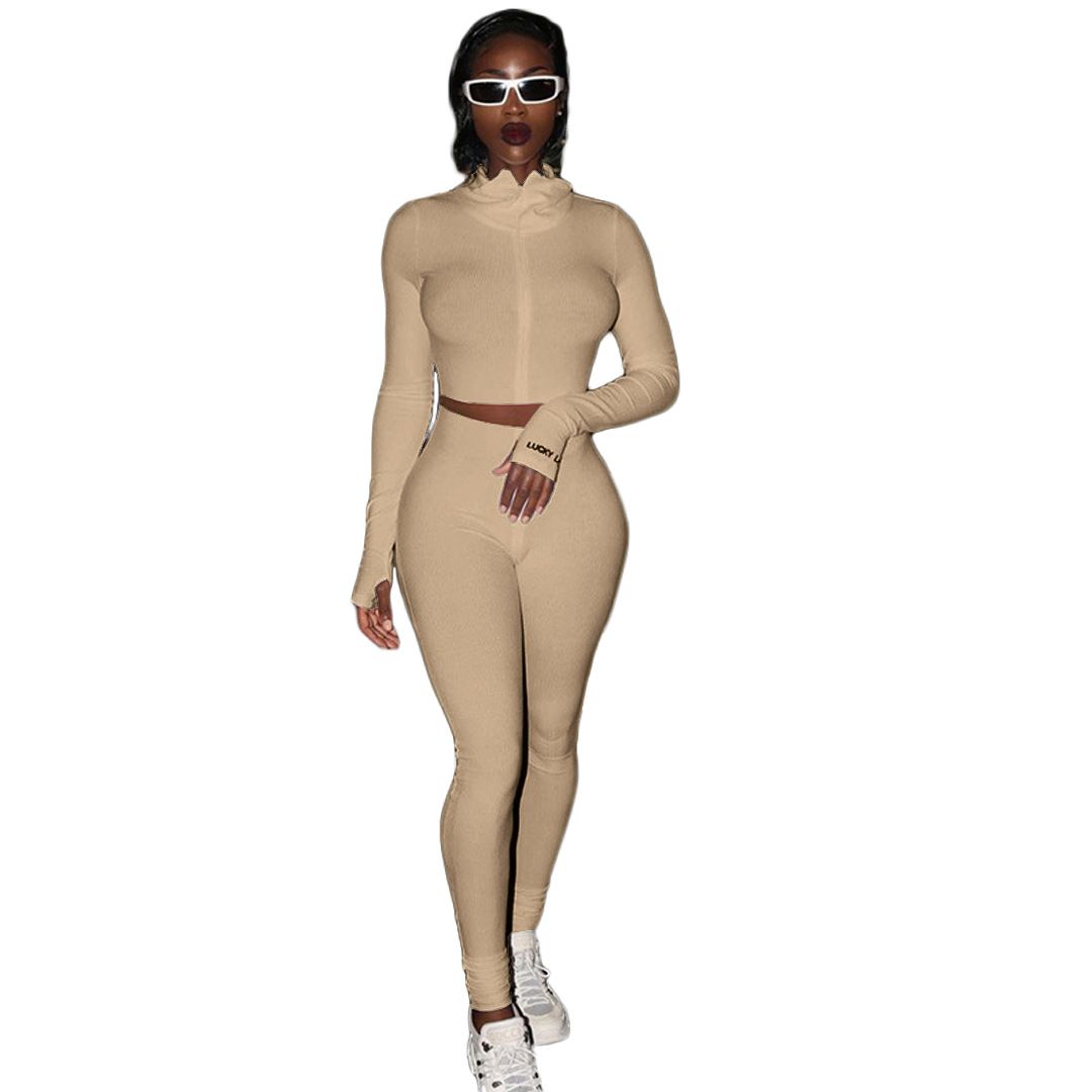 Women's High Neck Ribbed Embroidered Letter Zip-Up Tracksuit Set, Clubwear Two-Piece Outfit_ecoleips.com