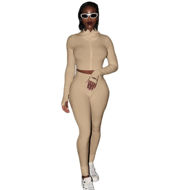 Women's High Neck Ribbed Embroidered Letter Zip-Up Tracksuit Set, Clubwear Two-Piece Outfit_ecoleips.com