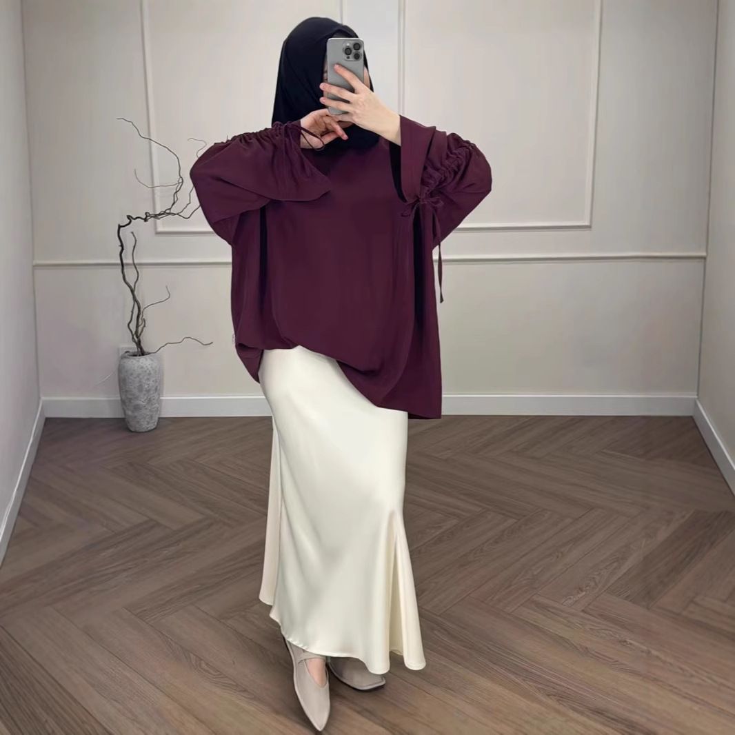 Verve New Muslim Loose Long Sleeve Top And Color Block Skirt Set_ecoleips.com