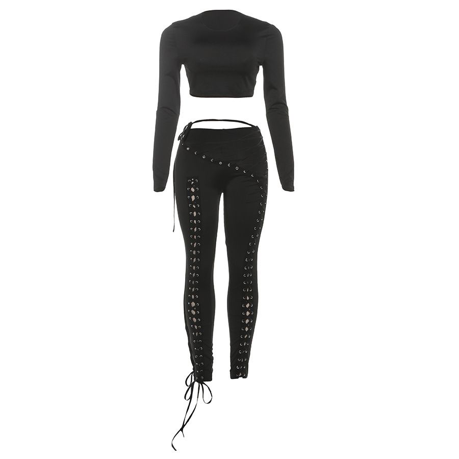 Women's Clothing Women's Sexy Two Piece Set Long Sleeved Top And Tight Fitting Pants Hollow Out Lace Up Design Style Autumn Winter_ecoleips.com