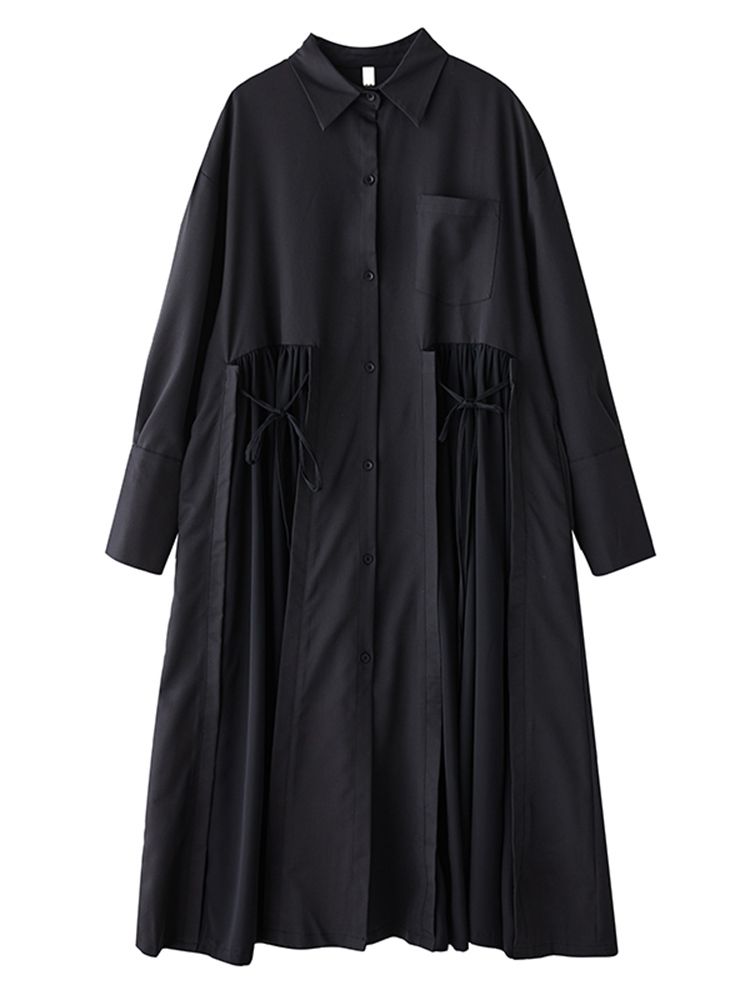 Black Vintage Lace-Up Pleated Shirt Dresses For Women 2025 Autumn New In Long Sleeve Loose Casual Dress Fashion Elegant Clothing_ecoleips.com