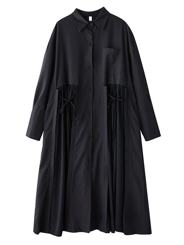 Black Vintage Lace-Up Pleated Shirt Dresses For Women 2025 Autumn New In Long Sleeve Loose Casual Dress Fashion Elegant Clothing_ecoleips.com