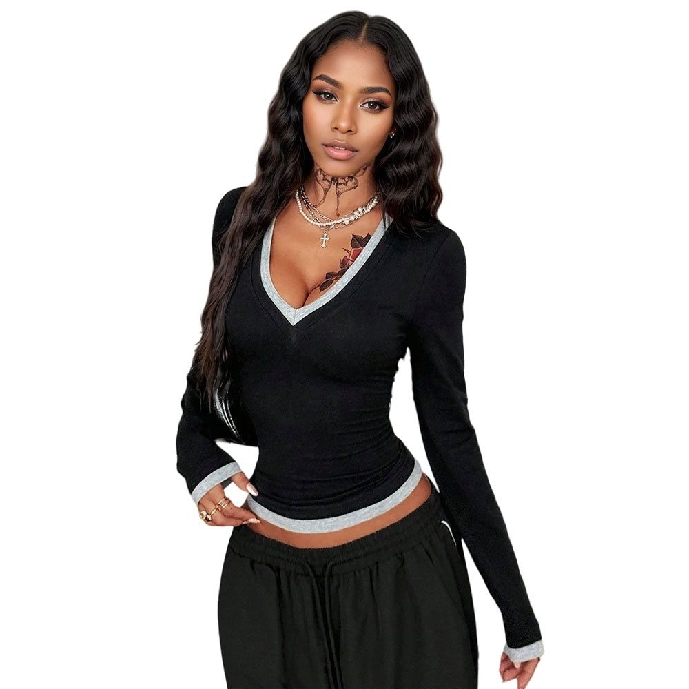 Voya Women's New Sexy Hot Girl Solid Color Women's V-neck Slim Fit Long Sleeved Patchwork Color T-shirt_ecoleips.com