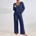 Women's Casual V-Neck Knit Sweater & Lounge Pants Set Soft Brushed Texture Loose Fit Two-Piece Outfit_ecoleips.com