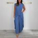 Leisure Suits Pleated Short Sleeved Irregular Long Tops Wide Leg Pants Two Piece Suit_ecoleips.com