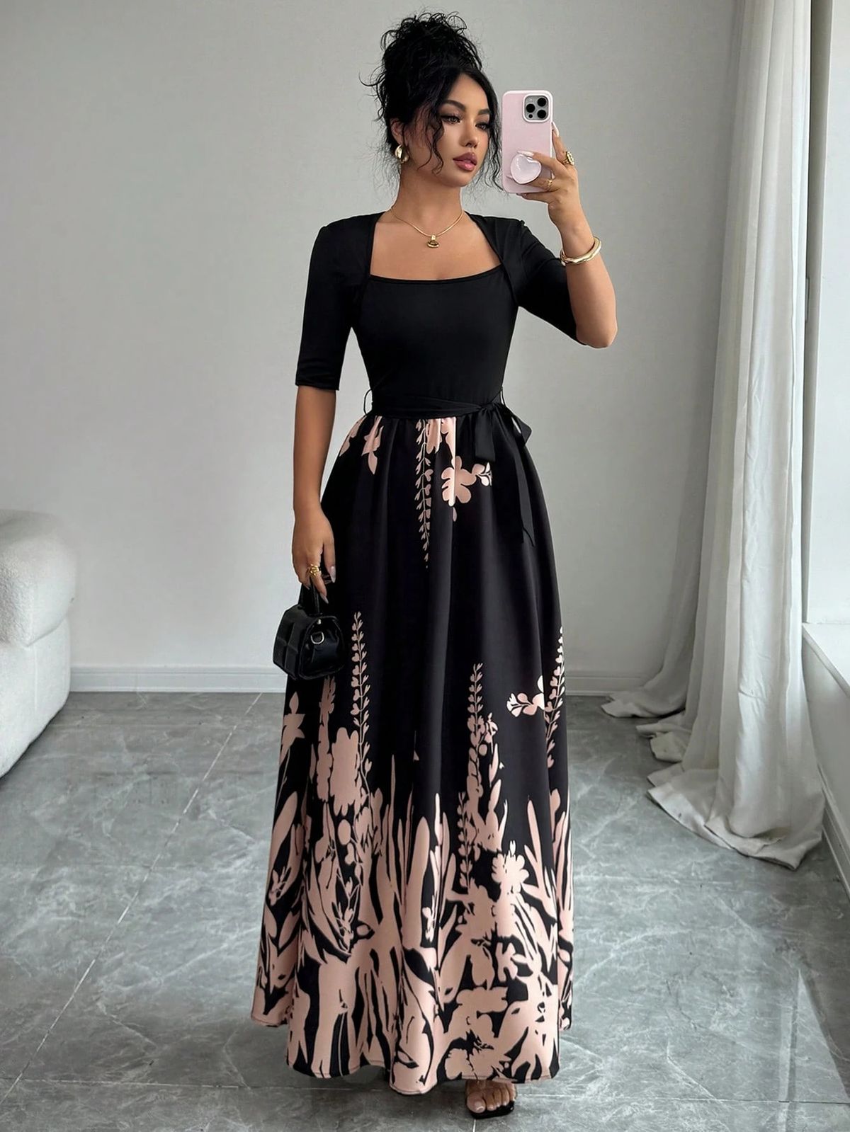 Women's Floral Print Square Neck Midi Dress Elegant A-Line Swing Dress with 3/4 Sleeves Artistic Botanical Print_ecoleips.com