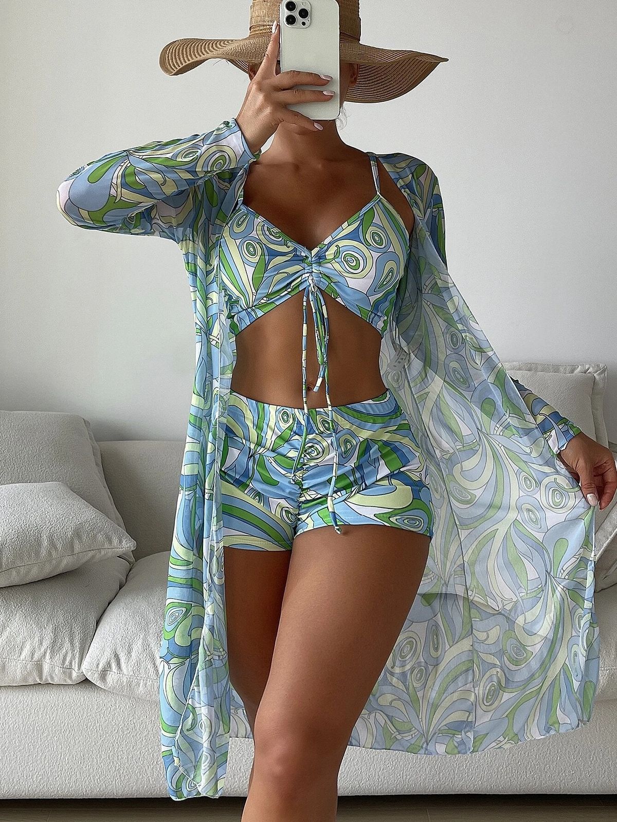 Women's High Waist Bikini Set With Long Sleeve Cover-Up & Drawstring – Sexy Swimwear For Beach & Pool_ecoleips.com