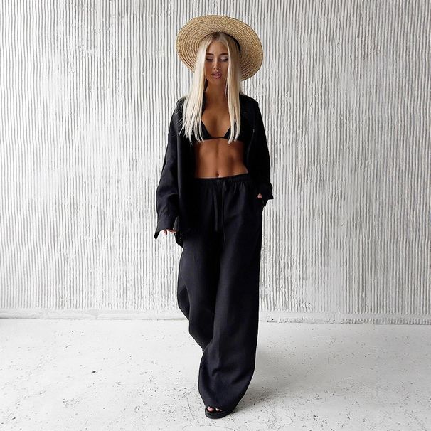 Women's Fashion Casual Loose Long Sleeved Shirt And Tie Waist Pants Two Piece Set_ecoleips.com