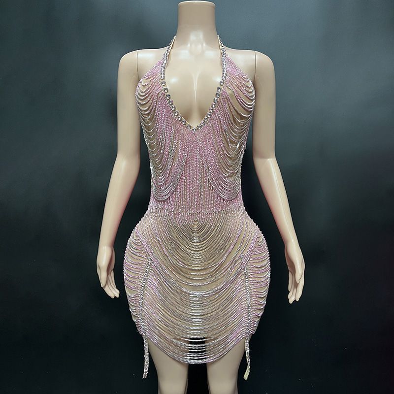 Women's Clothing Gold Mesh Backless Shiny Yellow Diamond Bar Performance Party Gathering Host Elegant Slim Short Skirt_ecoleips.com