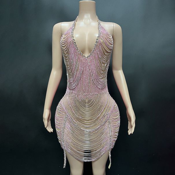 Women's Clothing Gold Mesh Backless Shiny Yellow Diamond Bar Performance Party Gathering Host Elegant Slim Short Skirt_ecoleips.com