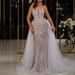 Two Piece Wedding Dress With Deep V Neckline, Handmade Lace Bridal Gown With Detachable Train, Sexy And Elegant Evening Style_ecoleips.com