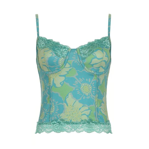 American Vacation Style Floral Print With Lace Border Chest, Small Camisole Wom, Backless Slim Fit V-Neck Vest For_ecoleips.com