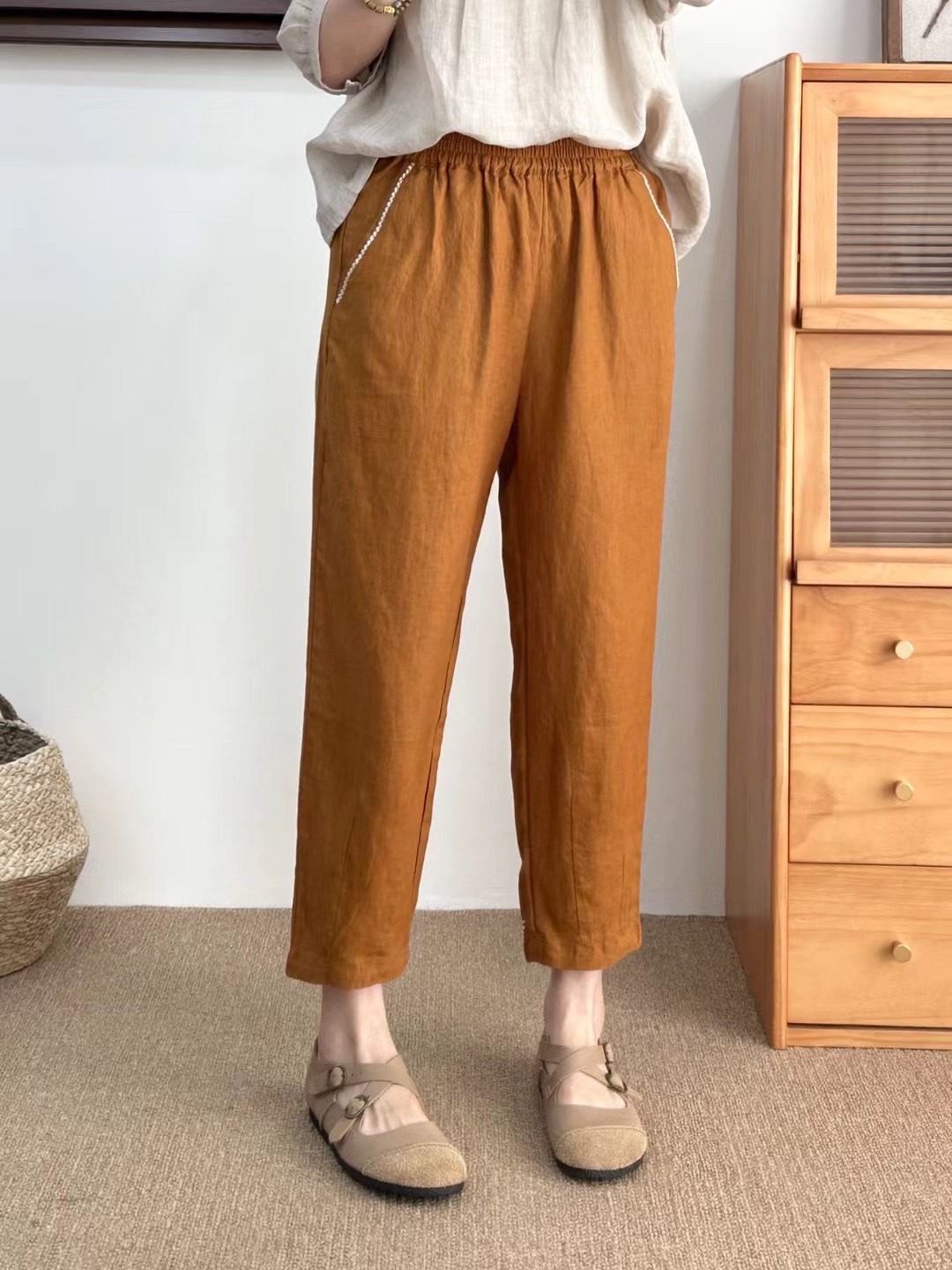 Suitable For All Seasons 2025 New Casual Linen Loose Korean Style Nine-point Age-reducing Slimming Elastic Waist Elegant Skinny Pants Solid Color_ecoleips.com