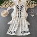 Women's French Retro Long Sleeve Dress Heavy Embroidery Lapel Loose Fit Slimming Casual Cardigan Summer Dress_ecoleips.com