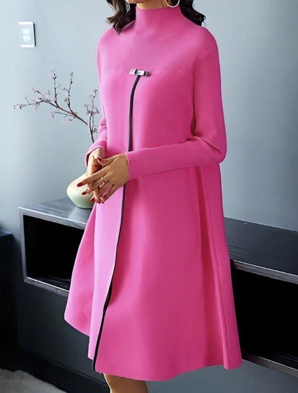Women's Clothing Elegant Solid Color Long Sleeved High Neck Slim Big Swing Dress_ecoleips.com