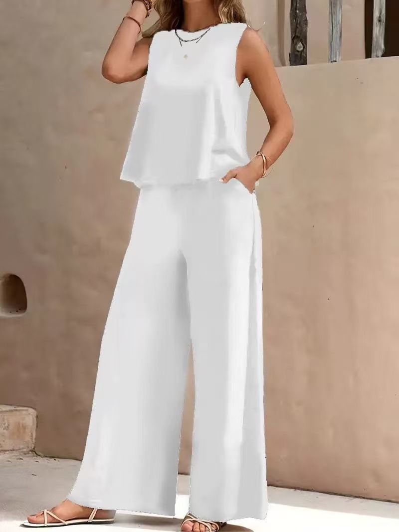 K Solid Color Elegant Two-piece Round Neck Vest And Wide Leg Pants Set For Women's Clothing. No Necklaces Or Other Accessories_ecoleips.com