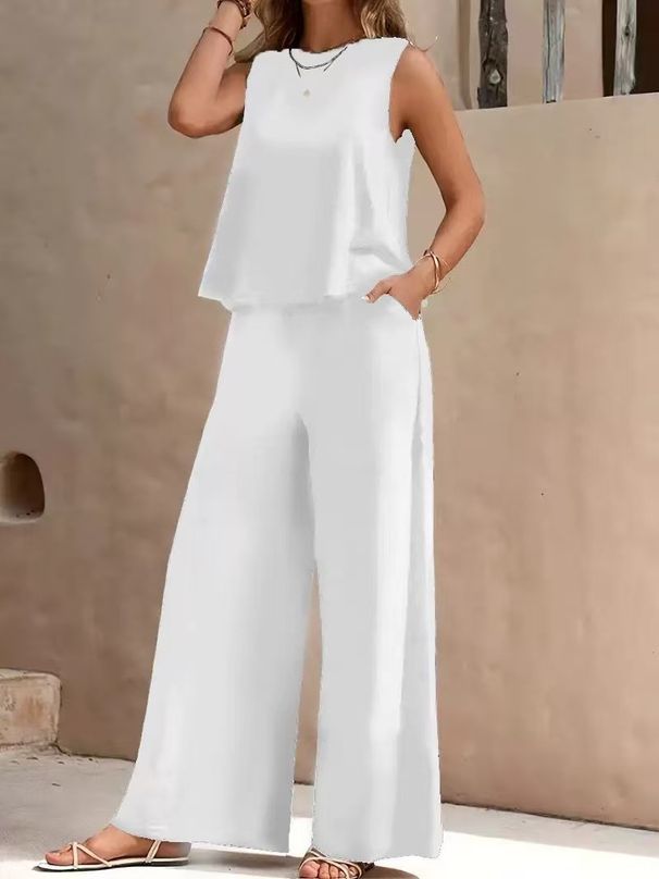 K Solid Color Elegant Two-piece Round Neck Vest And Wide Leg Pants Set For Women's Clothing. No Necklaces Or Other Accessories_ecoleips.com