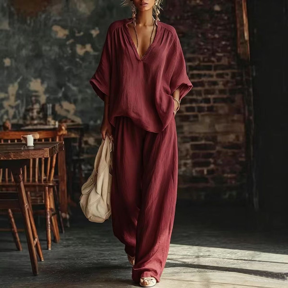 Women's Fashion Casual Two Piece Set V Neck Loose Short Sleeved Top with Solid Color Trousers European And American Style_ecoleips.com