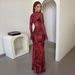 Women's Retro Lace Bell Sleeve Deep V Neck Slightly Sheer High Slit Skirt Set Spring New Clothing Sexy_ecoleips.com